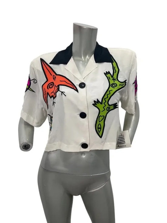 Vintage Tops - Vintage DEADSTOCK 80s Amelia Austin Graphic Embroidered Silk Copped Top NWT